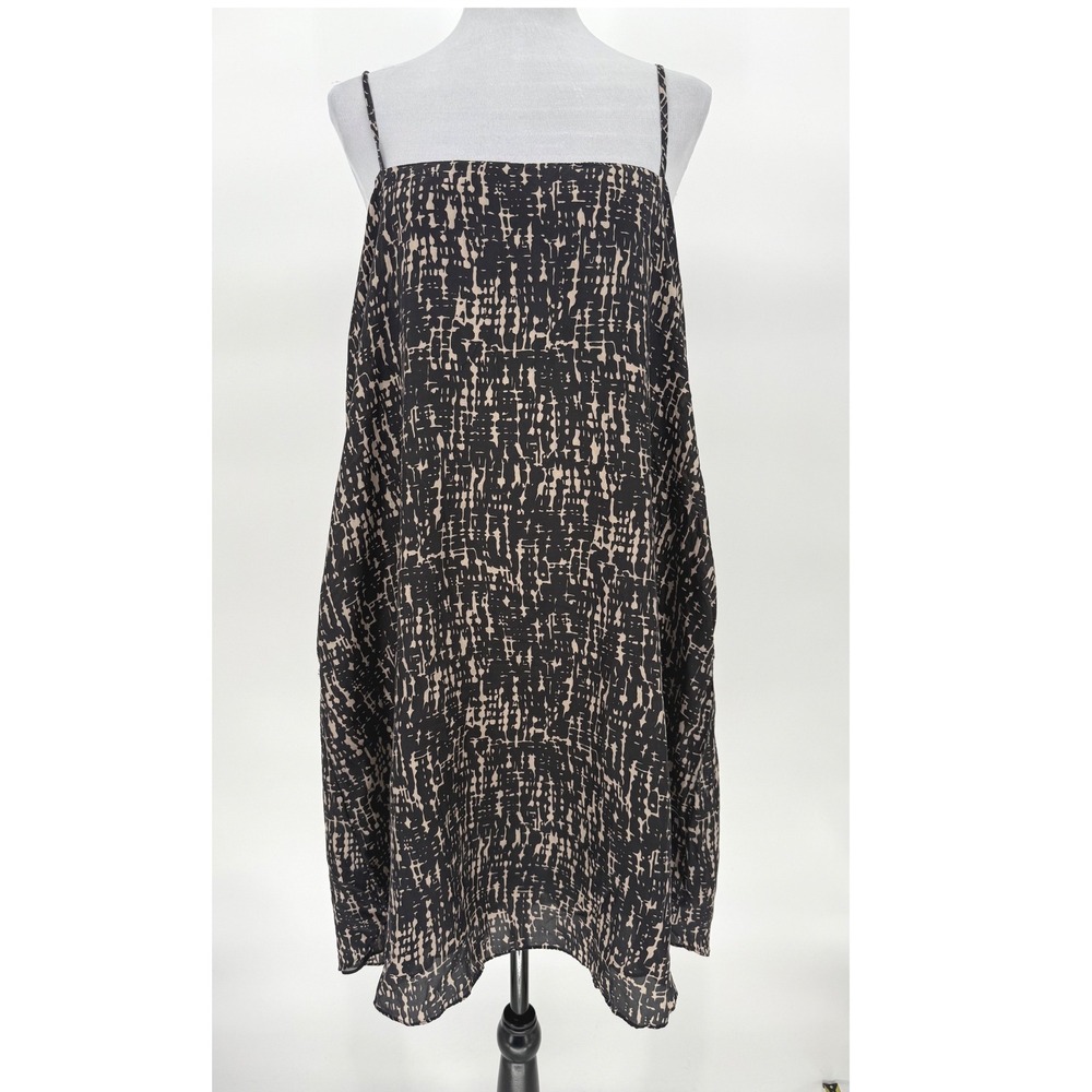 MEGAN HUNTZ Black Beige Abstract Print Silk Slip Dress Made in USA Size M
